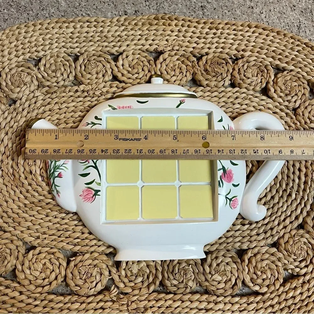 Decorative Handpainted Teapot-Shaped Ceramic and Tile Trivet White Pink Floral